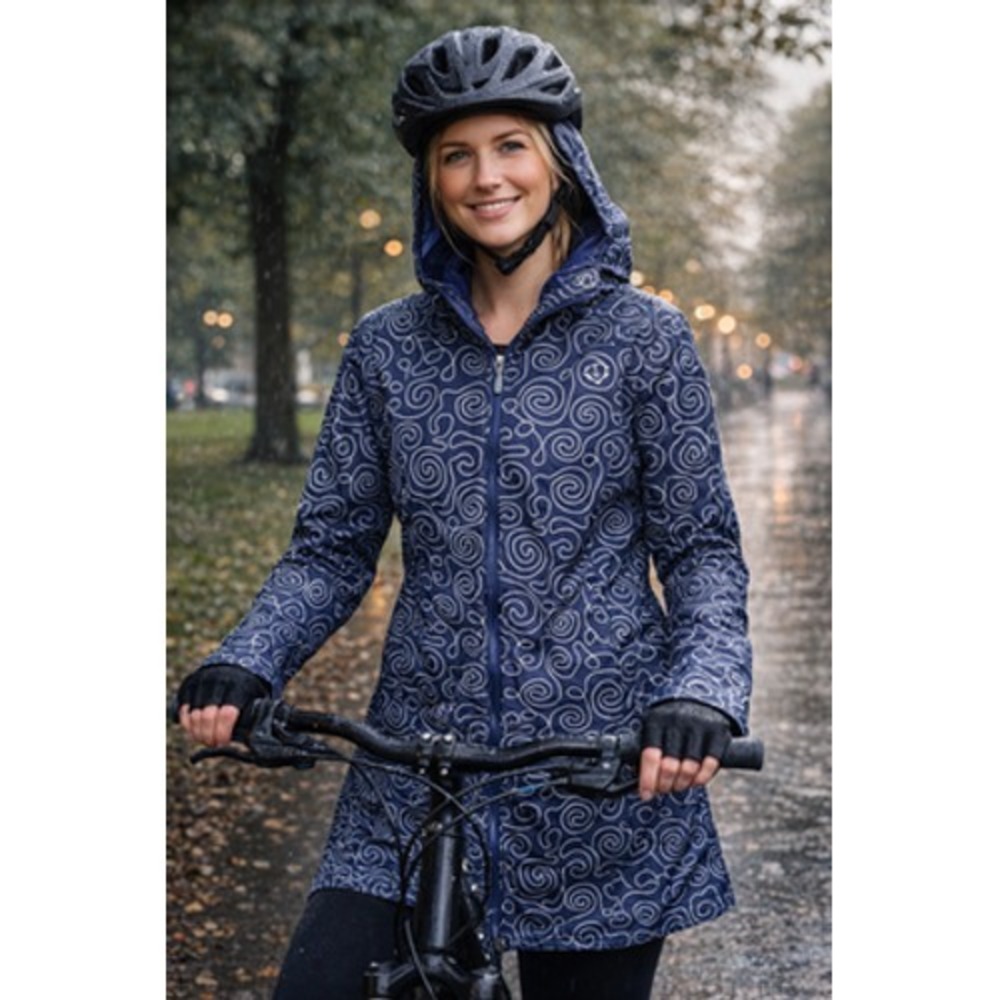AGU Jacket Womens XL Blue Hooded Windbreaker Raincoat Reflective Print Cycling
